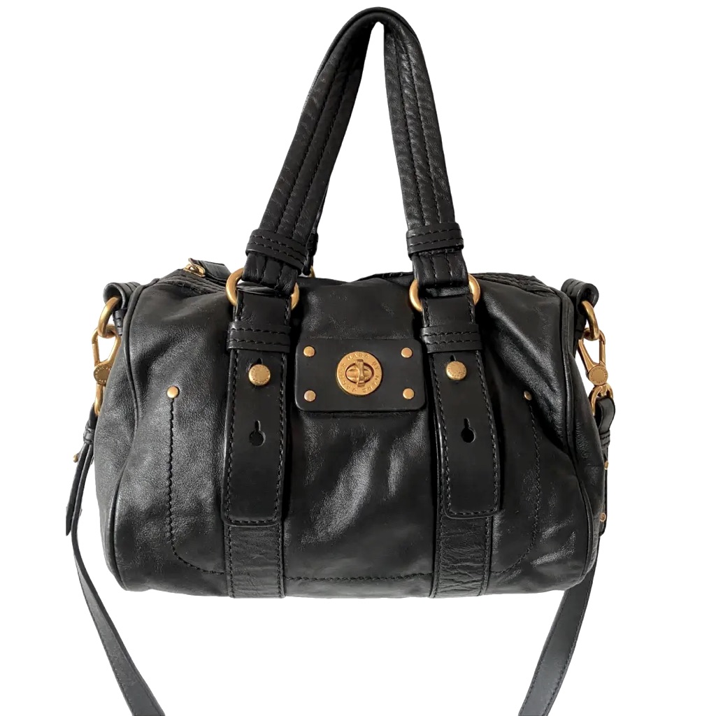 Marc Jacobs Shifty Black Leather Bag Turnlock Satchel Shoulder Duffel Tote